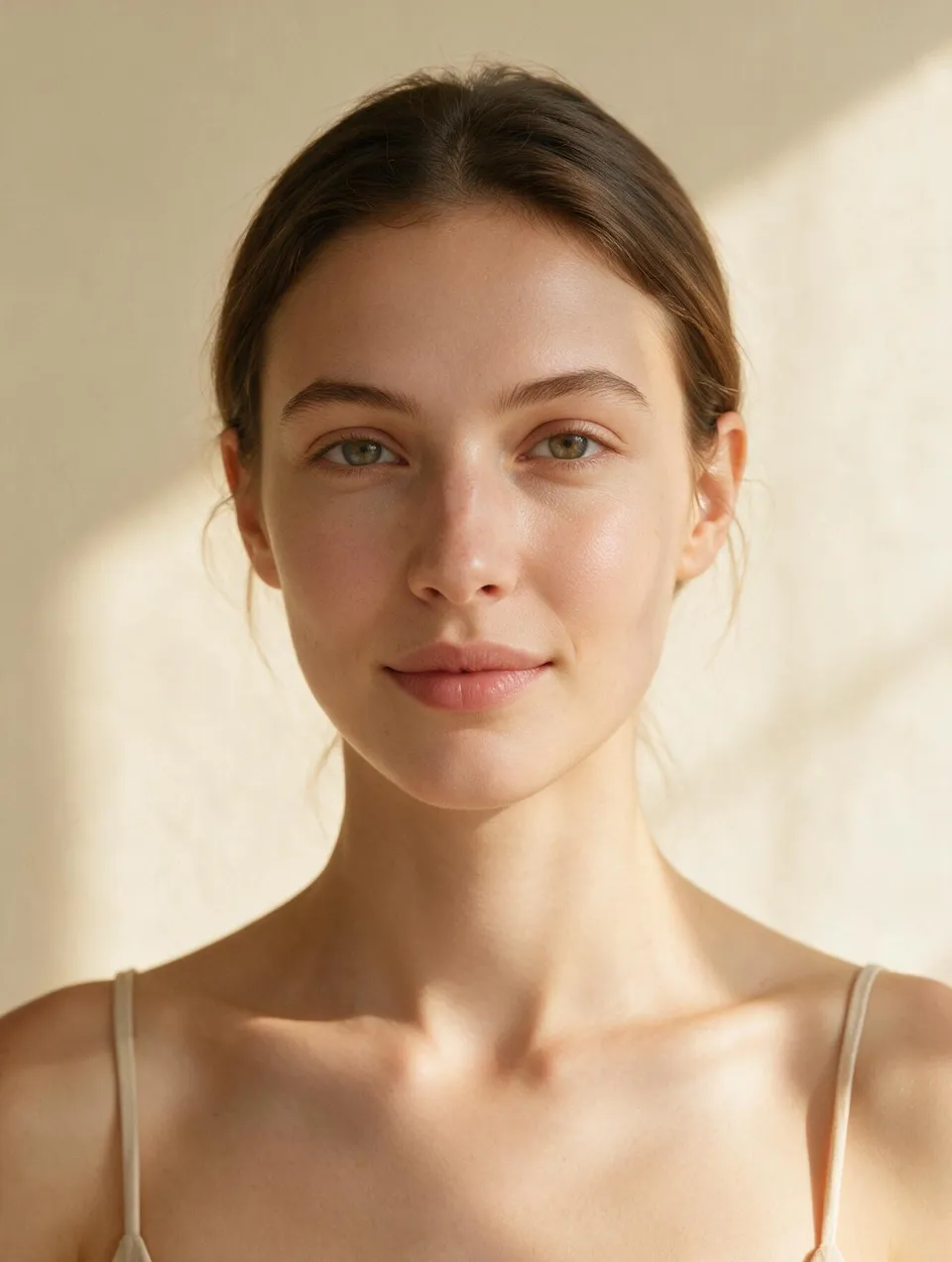 Soft front portrait of a young woman with brown hair tied back, lit by warm window light against a cream backdrop.