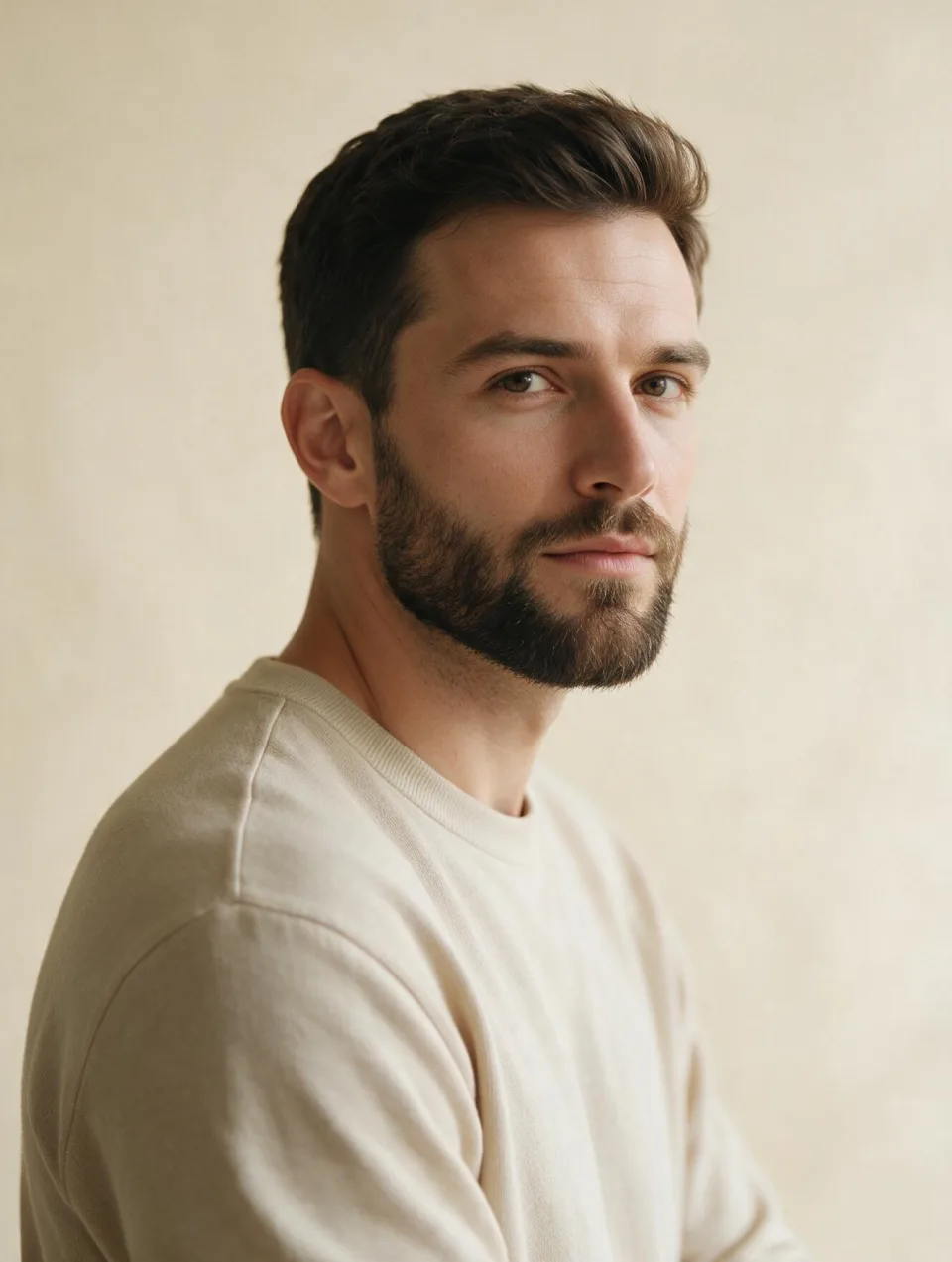 AI model with a well-groomed short boxed beard with a clean neckline