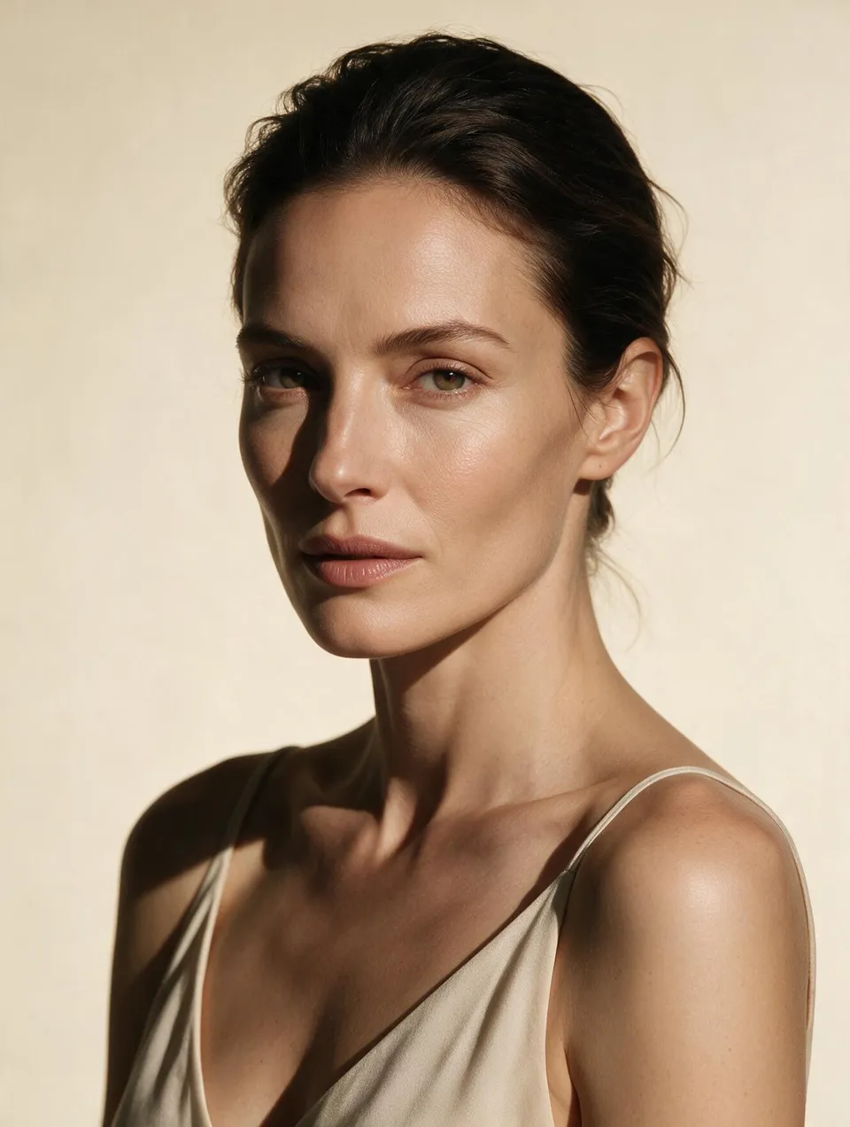 Three-quarter portrait of a woman in soft side light, with a shadow settling under her cheekbone against a cream backdrop.