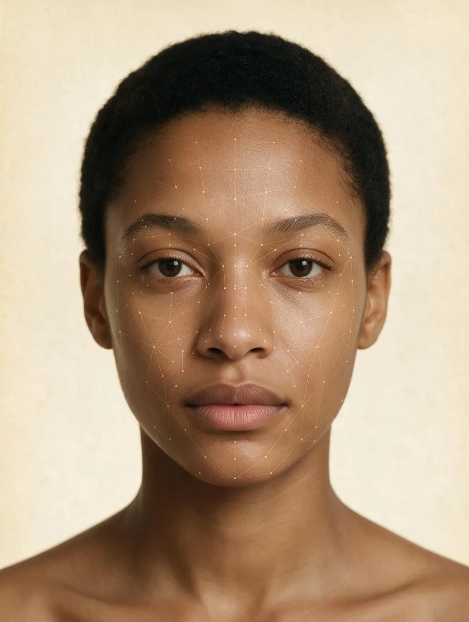 Front portrait of a young woman with short dark hair, a fine mesh of landmark dots and connecting lines projected over her face against a cream backdrop.