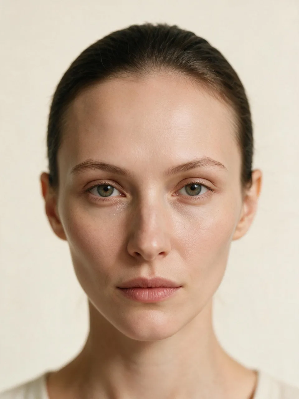 Front-facing studio portrait showing a diamond face shape: high, wide cheekbones as the widest point, with a narrow forehead and chin.