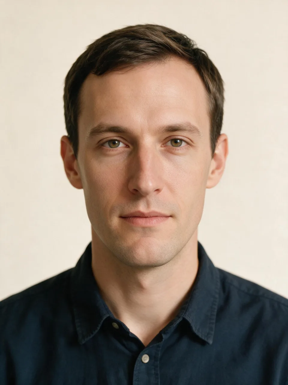 Front-facing studio portrait showing a oblong face shape: a face clearly longer than wide, with little width change from forehead to jaw.