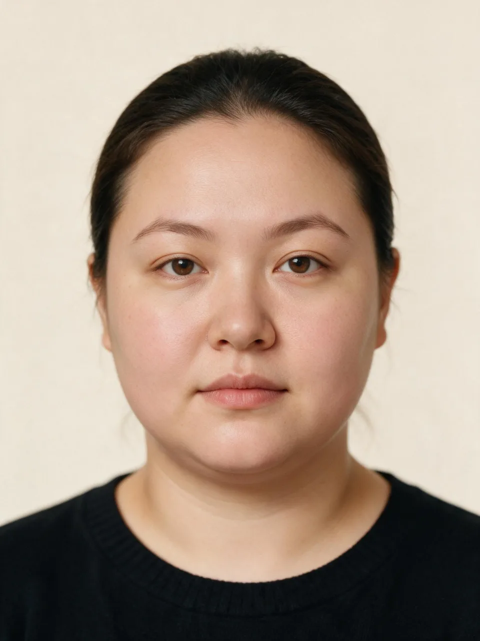 Front-facing studio portrait showing a round face shape: full cheeks and a soft jaw, with width and length nearly equal.