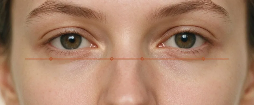Close crop of the eye region with a horizontal baseline drawn through the inner and outer eye corners used to measure canthal tilt.