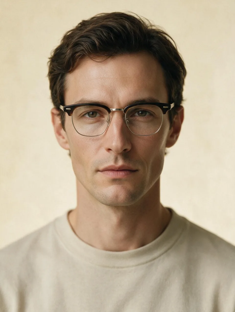 AI model with a diamond face and prominent cheekbones wearing browline frames