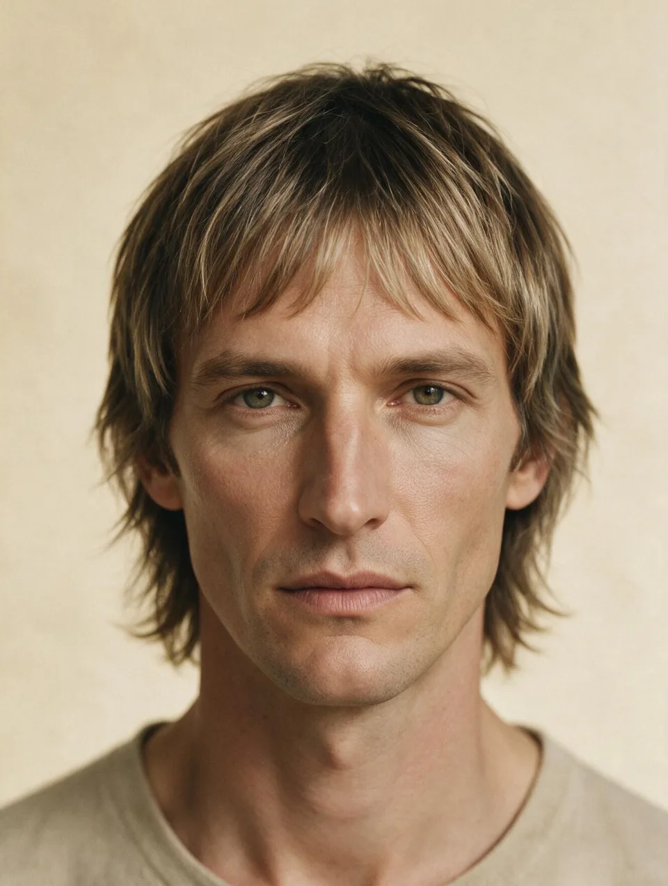 AI model with a diamond face wearing a medium textured cut with a light fringe