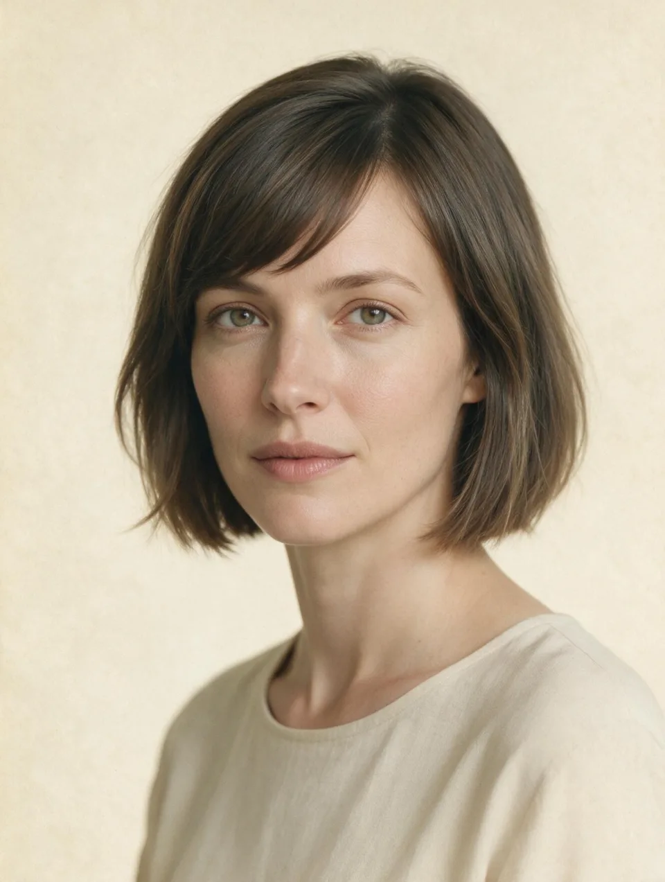 AI model with a heart-shaped face wearing a chin-length bob with side-swept fringe