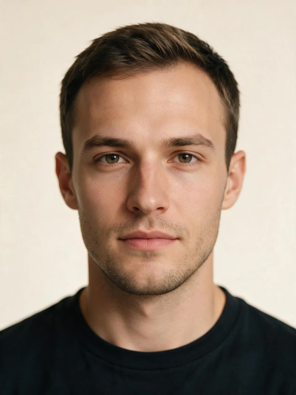 Front-facing studio portrait of a young man with neutral expression on a warm plain background.