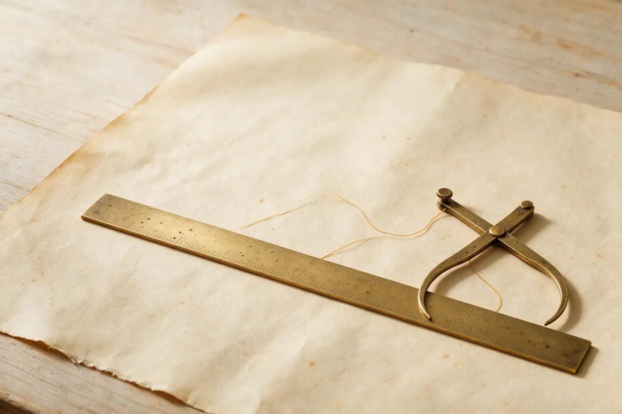 A vintage brass ruler and a drafting caliper resting on parchment paper in soft daylight.